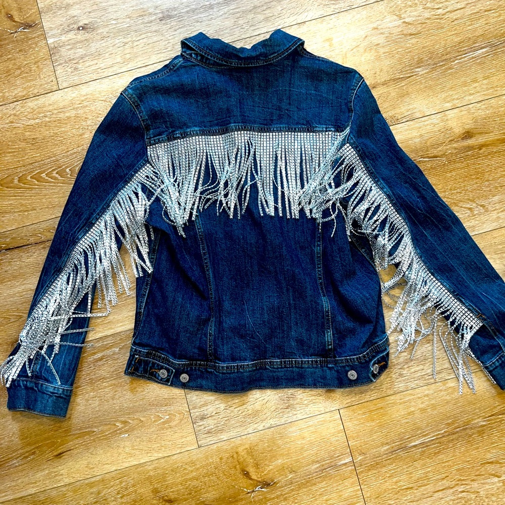 Customized blue Jean jacket women’s large with rhinestone fringe